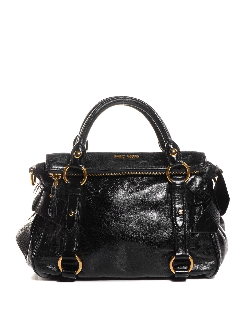 Miu Miu Vitello Lux Bow Bag Mini In Nero Black with Gold Hardware